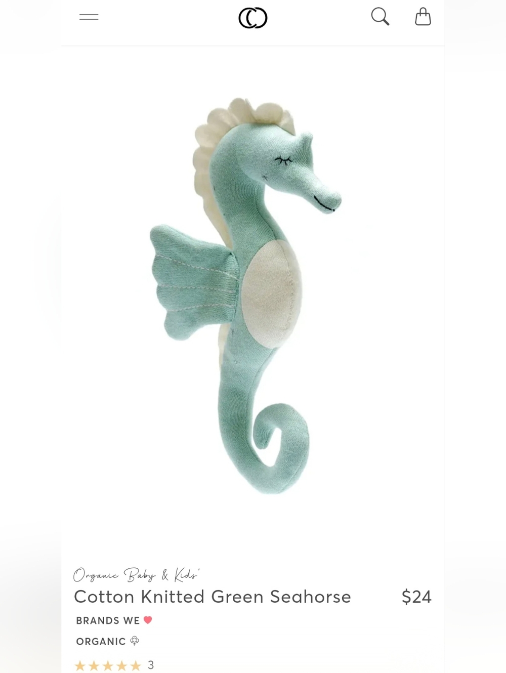 NWOT - Organic Cotton Mint Seahorse Plushie